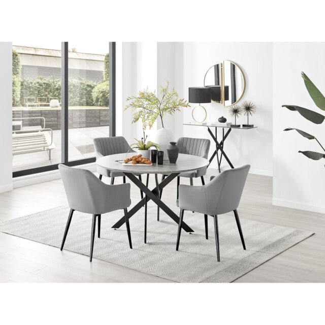 Tierra Modern Chrome Metal & Glass Round Dining Table Set with 4 Luxury Button Velvet Chairs
