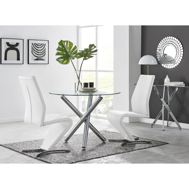 Seline Modern Round Dining Table Set in Glass and Chrome with 2 Modern Design Faux Leather Chairs