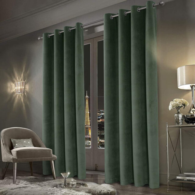 Sage Green Velvet Blackout Curtains 168 x 183 cm Eyelet Thermal 1 Pair