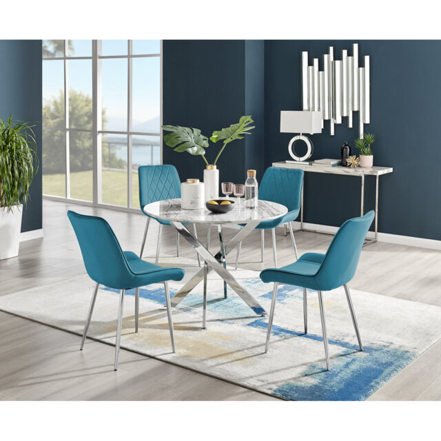 Tierra Modern Chrome Metal & Glass Round Dining Table Set with 4 Luxury Velvet Dining Chairs