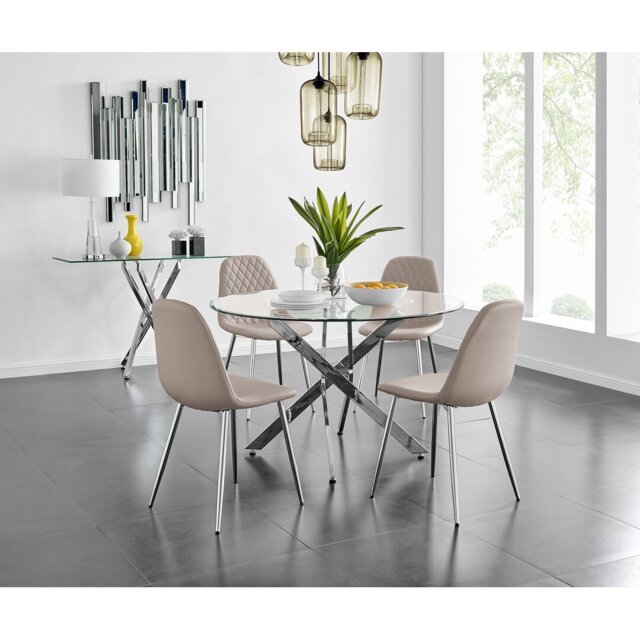 Tierra Modern Chrome Metal & Glass Round Dining Table Set with 4 Luxury Faux Leather Chairs