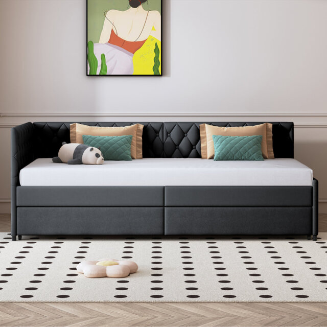 90×200cm Upholstered Daybed, L-Shaped Pull Out Sofabed