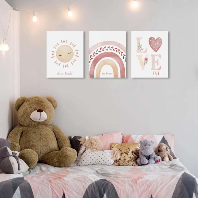 Nursery Canvas Wall Art Set Of 3 Boho Cute Kids Room Pictures Wall Decor Pink Sun Rainbow Hearts Posters Painting Prints For Children Toddlers Baby Be
