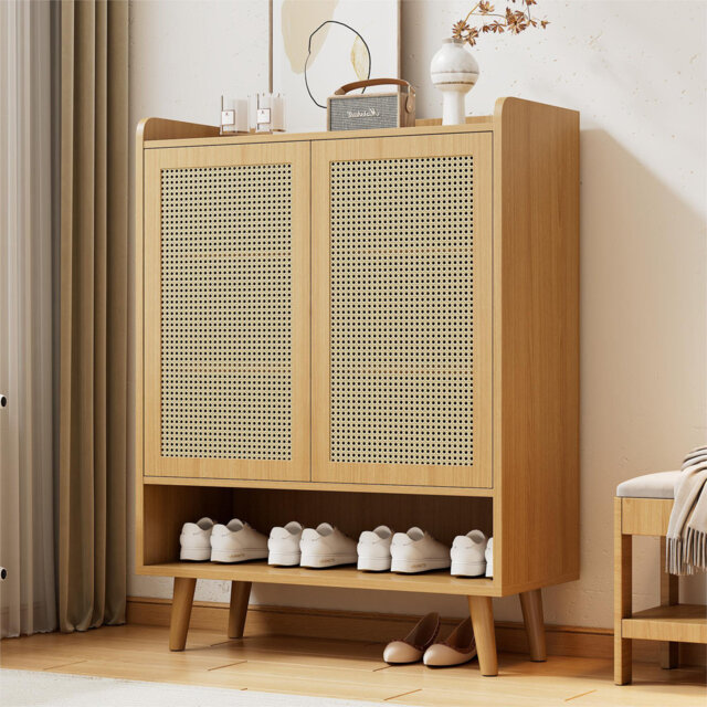 Shoe Cabinet Made Of Natural Rattan With 2 Doors And 5 Shelves