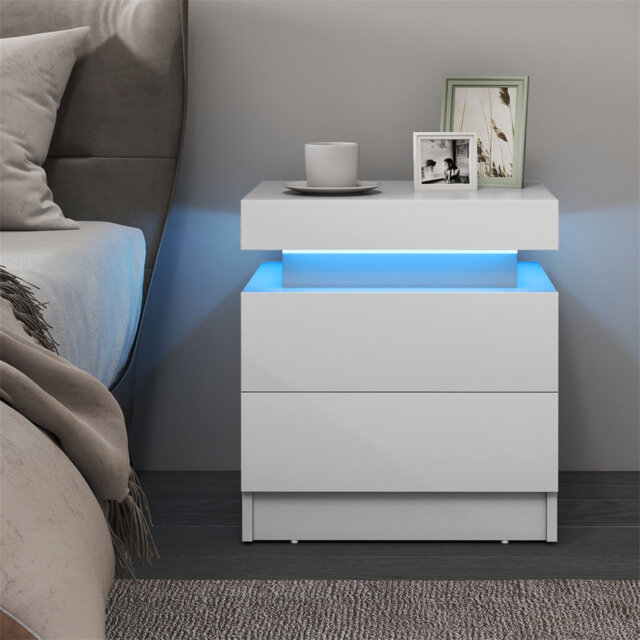 Faux Marble Modern Nightstand With 2 Drawers And LED Light(Remote Control Batteries Not Included)