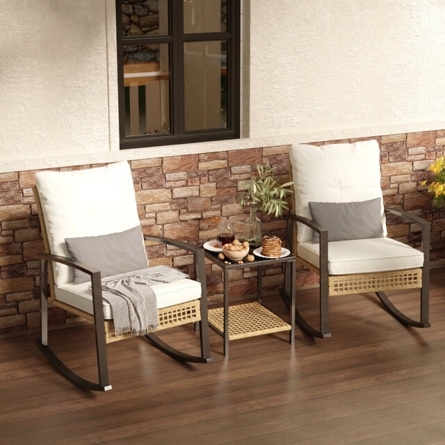 3 Pieces Patio Bistro Set Outdoor Rocking Chair and Table Set with Lumbar Pillow Patio Bistro Chair Sets for Garden Backyard Poolside