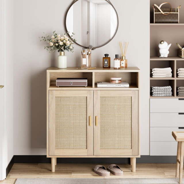 Farmhouse Rattan Sideboard Cabinet, Buffet Console Table with 2 Doors and Adjustable Shelves for Dining Room, Kitchen, or Living Room
