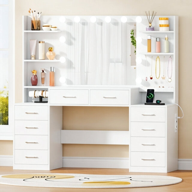 Elowen Dressing Table With 10 Drawers, Jewellery Storage, Power Outlet And 3 Colors LED Light