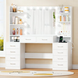 Elowen Dressing Table With 10 Drawers, Jewellery Storage, Power Outlet And 3 Colors LED Light