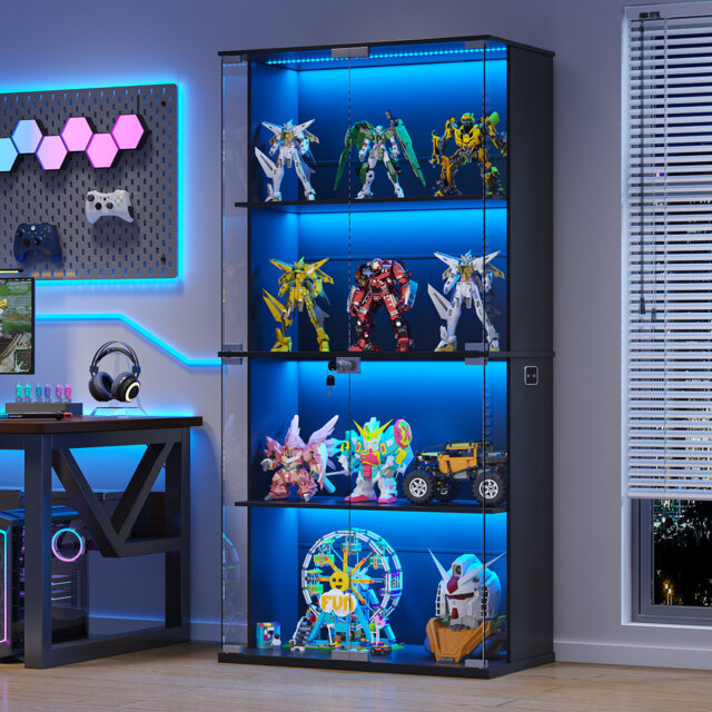 Display Cabinet With Glass Doors, Lighted Display Case With 3 Color Lights, 4-tier Bookcase With Human Body Sensor