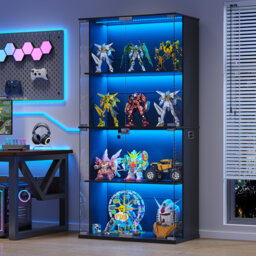 Display Cabinet With Glass Doors, Lighted Display Case With 3 Color Lights, 4-tier Bookcase With Human Body Sensor