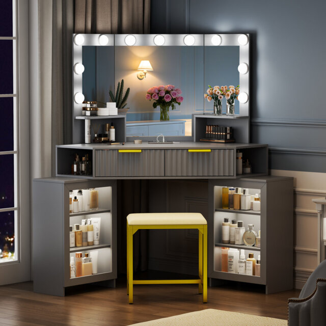 Dressing Table with Motion Sensor 3-colour lighting, Charging Socket and Stool