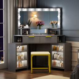 Dressing Table with Motion Sensor 3-colour lighting, Charging Socket and Stool