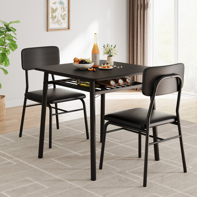 3-Piece Dining Table Set, Wood Small Kitchen Table with Upholstered Chairs, Square Table Set with Storage Rack, Metal Legs Support, Compact Dining Set