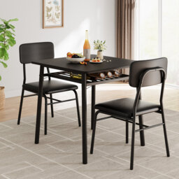 3-Piece Dining Table Set, Wood Small Kitchen Table with Upholstered Chairs, Square Table Set with Storage Rack, Metal Legs Support, Compact Dining Set