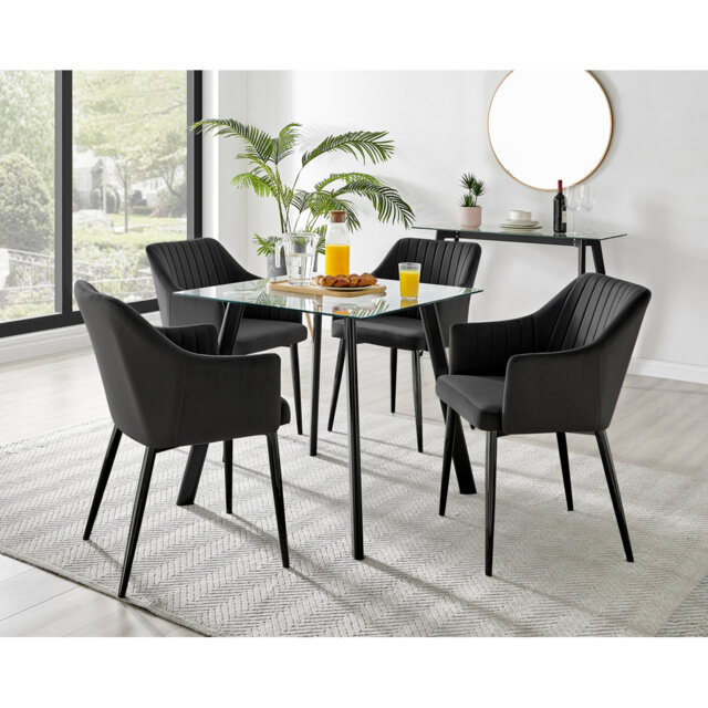 Scandinavian Style Glass and Metal Leg Square Dining Table Set - 4 Modern Velvet Dining Chairs
