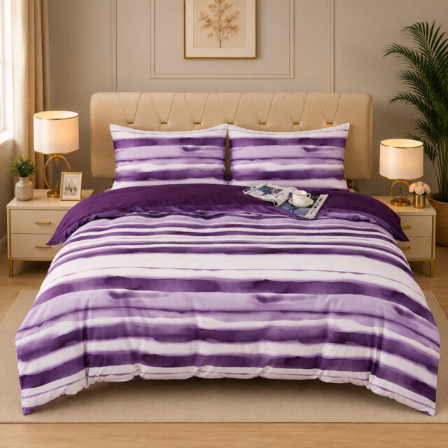 Complete Bedding Set Bliss Stripe Purple Duvet Cover, Matching Fitted Sheet & Pillowcases