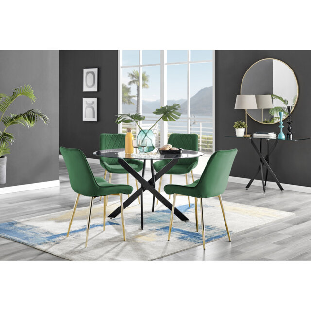 Tierra Modern Chrome Metal & Glass Round Dining Table Set with 4 Luxury Velvet Dining Chairs