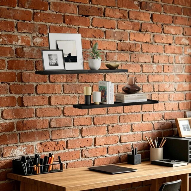 Black Floating Wood Wall Shelves - Set of 4