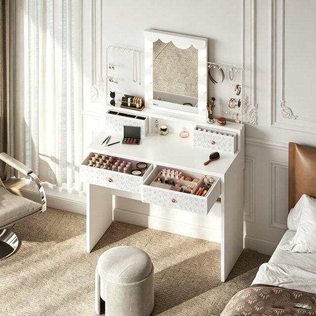 Dressing Table With Mirror, 4 Drawers Vanity Table With 3 Colors LED Light & Jewelry Storage Shelves, Cloud Shaped Mirror Vanity Desk for Bedroom, Ava