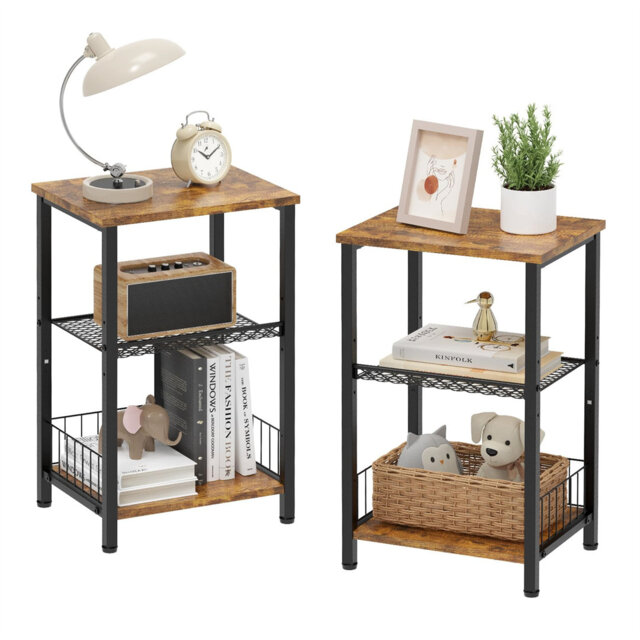 3-Tier Side Table Set Of 2, Industrial End Table Nightstand Small Table, Retro Bedside Table Cabinet Organizer For Living Room, Bedroom, Office, Bathr