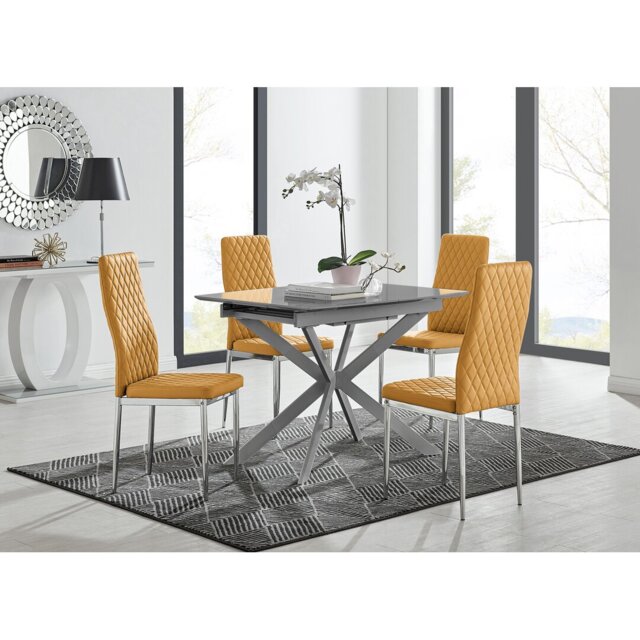Eubanks Modern High Gloss Extendable Dining Table Set with Luxury Faux Leather Dining Chairs