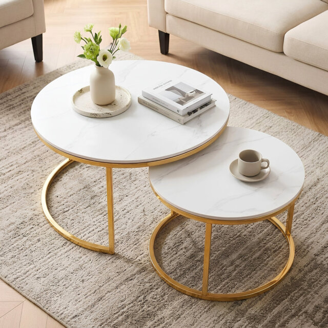 NOVA Modern Nesting Coffee Table Set – 2-Piece Sintered Stone Tables with Chrome Gold/Silver Legs