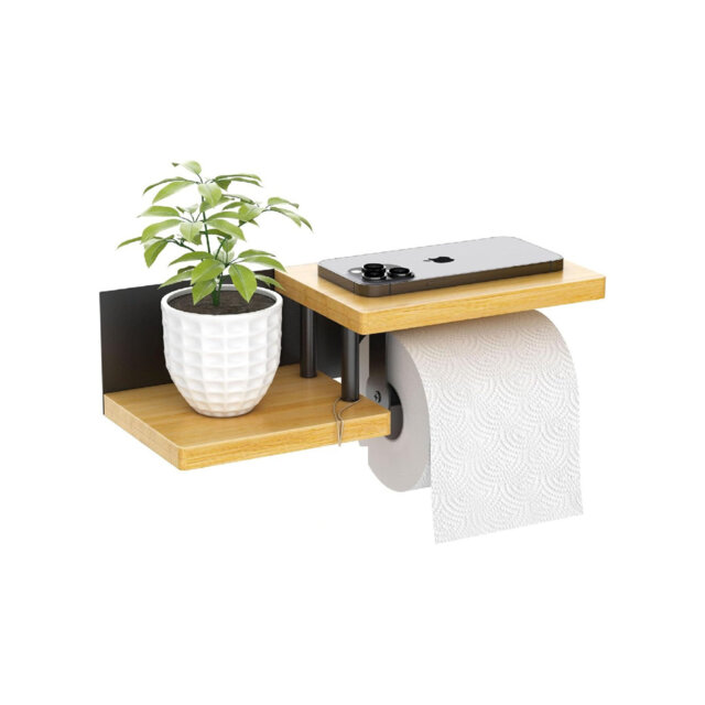 Bamboo Toilet Paper Holder Stick or Drill Premium Wooden Toilet Roll Holder with Shelf Black