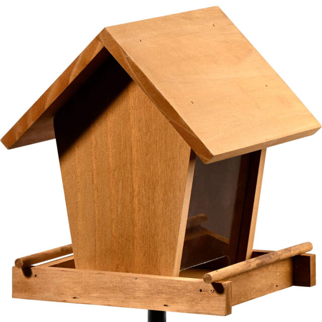 "The ""Benny Brunch Golden Oak"" bird feeder features an acrylic glass silo and a stand"
