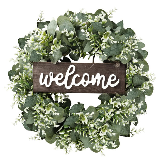 Farmhouse Green Eucalyptus Welcome Wreath 16 in. x 16 in. by Artificial Greenery Wall Art