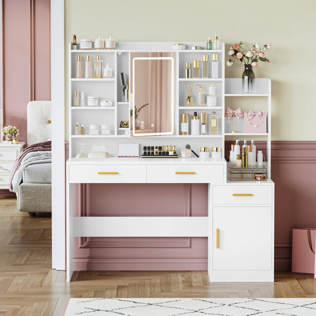 Dressing Table with Mirror, Vanity Desk with Adjustable LED Light, Large Desktop, 3 Drawers and 1 Storage Cabinet, Open Shelves, Vanity Table for Bedr