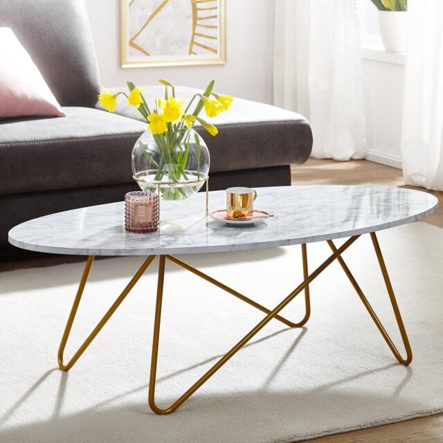 Calhoon Canora Grey Coffee Table 120x40x60 Cm With Marble Optics White - Living Room Table With Metal Frame - Sofa Table Oval Table Living Room - Loun