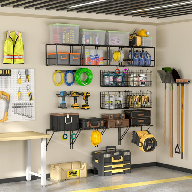 Garage Shelf Wall Mounted with Wire Baskets, Heavy Duty Garage Wall Shelving with Garden Tool Rack and Hooks