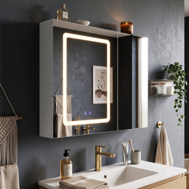 70cm W 2 Door Bathroom Mirror Cabinet with Double Sided Mirror Door & LED Lights, Wall Mounted Illuminated Medicine Cabinet with Demister Pad, White,