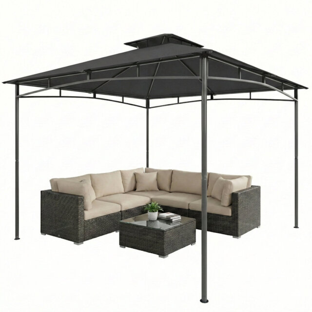 Outsunny 3 x 3 m Gazebo Garden Gazebo w/ 2-Tier Roof, Metal Frame