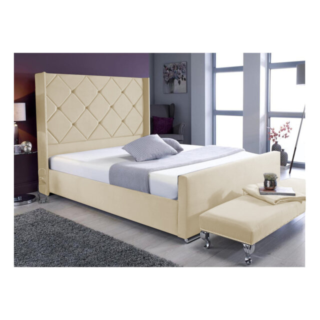 Descanso Chesterfield Velvet Upholstered Bed Frame - Buttoned Headboard, Chrome Feet