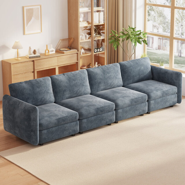 305cm Blue-Grey Modular Fabric Sofa, 4-Seater Deep Seat Sectional Sofa for Living Room