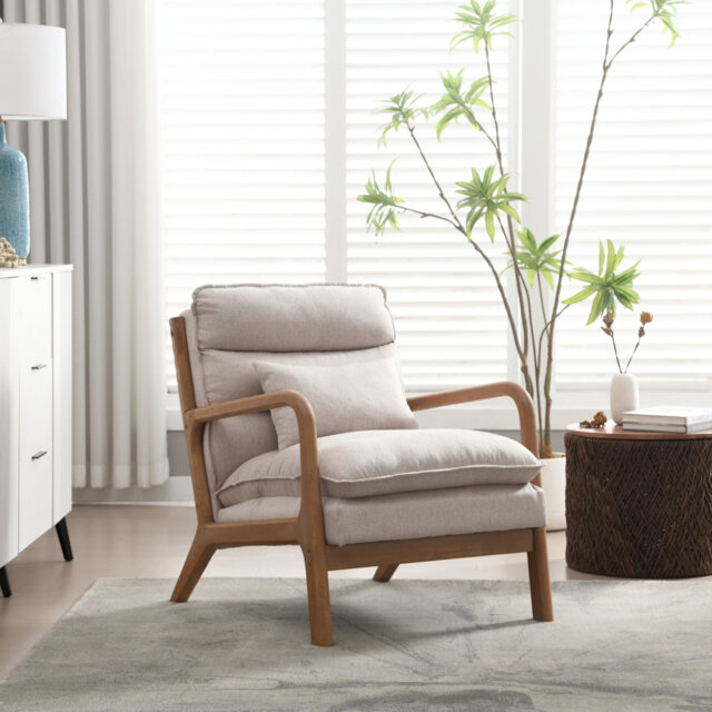 Linen Armchair with Lumbar Pillow, Solid Wood Frame Accent Chair, Cosy Reading Chair for Living Room