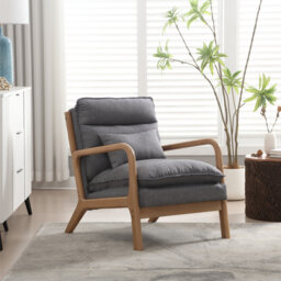 Linen Armchair with Lumbar Pillow, Solid Wood Frame Accent Chair, Cosy Reading Chair for Living Room