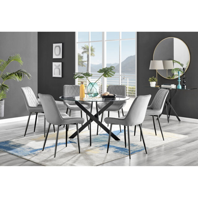Tierra Modern Chrome Metal & Glass Round Dining Table Set with 6 Luxury Faux Leather Chairs