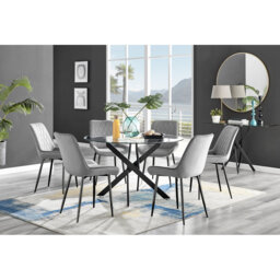 Tierra Modern Chrome Metal & Glass Round Dining Table Set with 6 Luxury Faux Leather Chairs