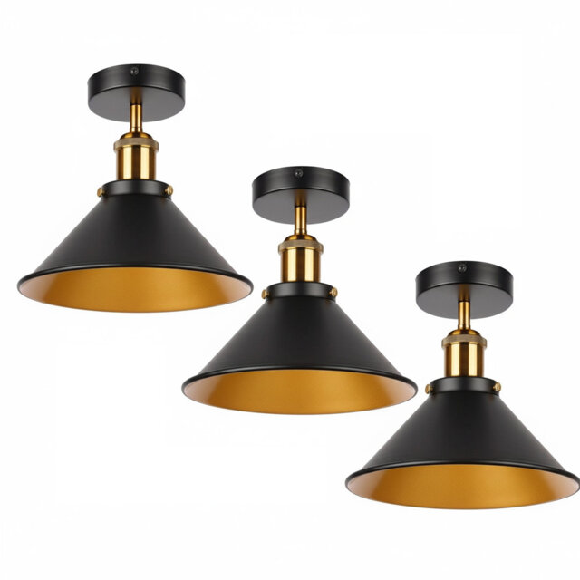 3 PackVintage Industrial Ceiling Lights with Metal  18cm Conical Shade, Semi-Flush Mount Lighting Fixture, Oil Rubbed Bronze Chandelier for Farmhouse