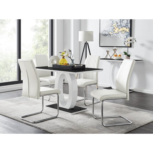 Scottsmoor Modern High Gloss & Glass Dining Table with 4 Luxury Faux Leather Chairs