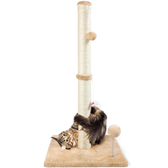 3-in-1 Cat Scratching Post with Plush Toys, Sisal Post, Stable Base, 15.7'' x 32''.