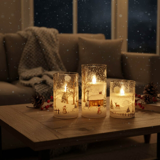 Flickering Glass Snowman Flameless LED Candles 3-Pack