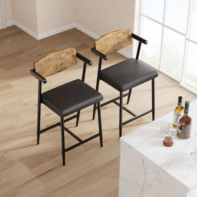 Bar Stools Set of 2 with Arm, 2pcs Counter Height Bar Stools Set with Footrest & Wood Back, Metal Barstools Set with Wide Upholstered Seat for Kitchen