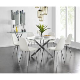 Tierra Modern Chrome Metal & Glass Round Dining Table Set with 6 Luxury Faux Leather Chairs