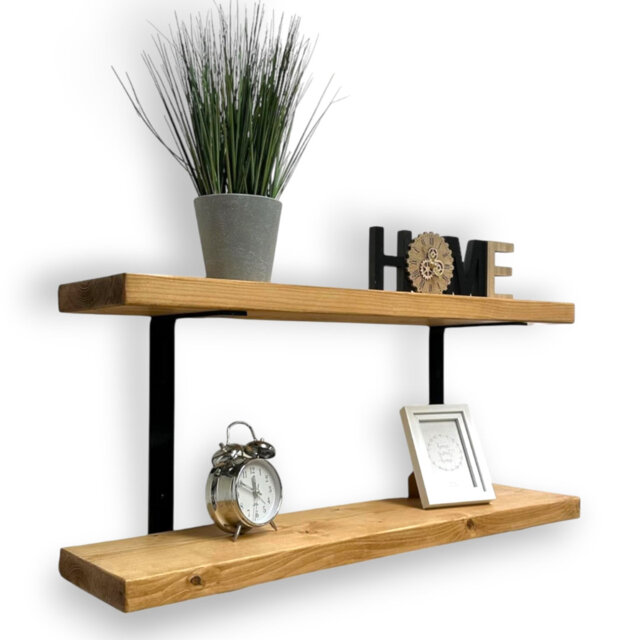 Double Rustic Wooden Shelves Wall-Mounted Shelf With Seated Double Black L Brackets (Rustic Pine)