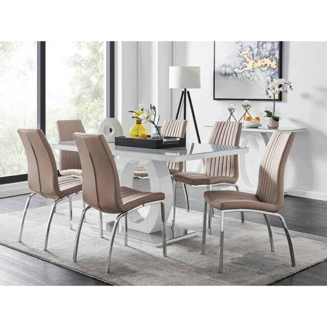 Scottsmoor Modern High Gloss & Glass Dining Table Set - 6 Soft Touch Faux Leather Dining Chairs