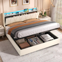 5ft King Size Ottoman Bed With Led, Usb Linen Grey